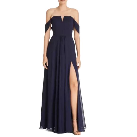 Aqua Off The Shoulder Chiffon Maxi Gown High Slit Full Skirt Size 2 NWT - Picture 1 of 12